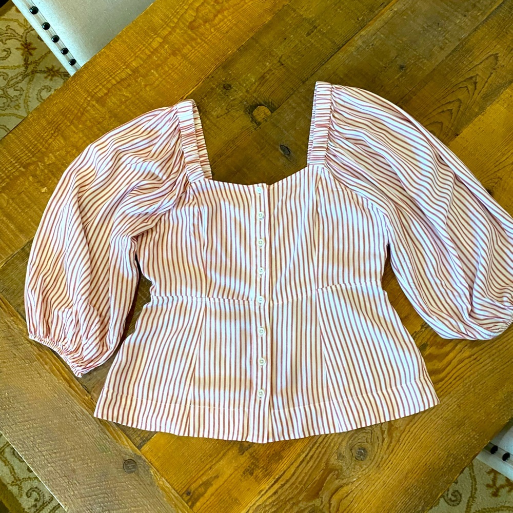 CAbi Pink & White Striped Square-Neck Puff Sleeve Blouse
